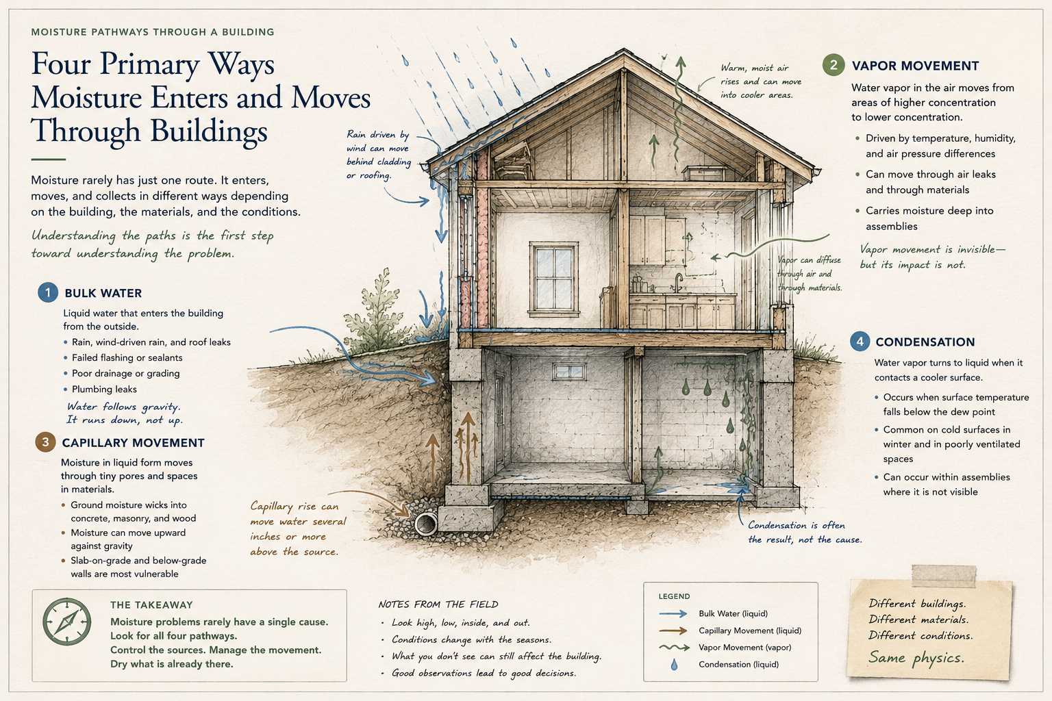 Architectural cutaway illustrating bulk water, capillary movement, water vapor, and condensation pathways through a building